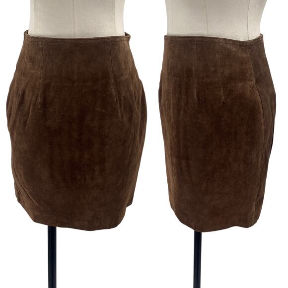 Vintage 90s Suede Leather Mini Skirt Fitted High Waist Kick Slit Brown Womens 4 - Picture 1 of 7
